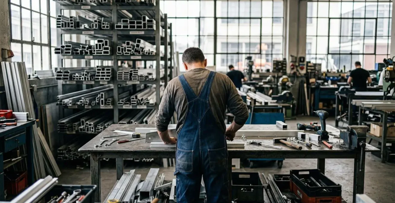 Intérieur d'un atelier de menuiserie aluminium avec profilés stockés, établi de travail et outils de précision sous une lumière naturelle industrielle