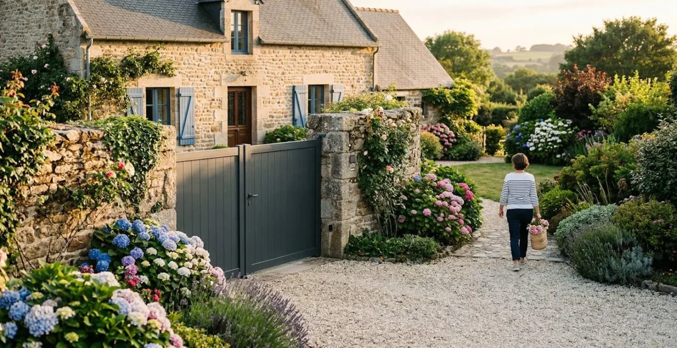 Vue d'une entrée de maison bretonne avec un portail aluminium anthracite entouré de massifs fleuris, lumière dorée de fin d'après-midi