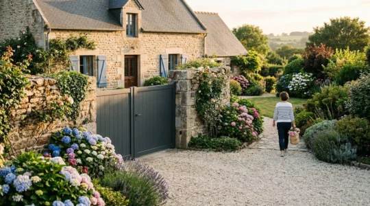 Vue d'une entrée de maison bretonne avec un portail aluminium anthracite entouré de massifs fleuris, lumière dorée de fin d'après-midi