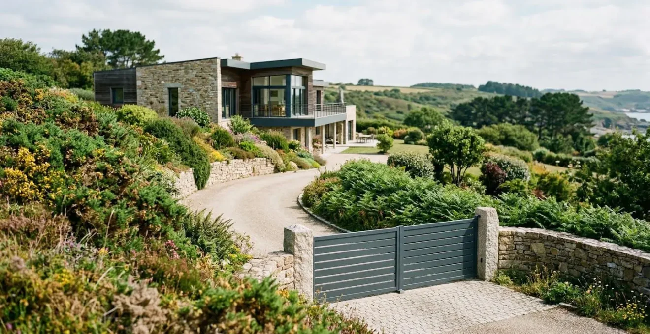 Maison contemporaine sur terrain légèrement en pente avec portail battant aluminium gris adapté au dénivelé, vue depuis l'allée