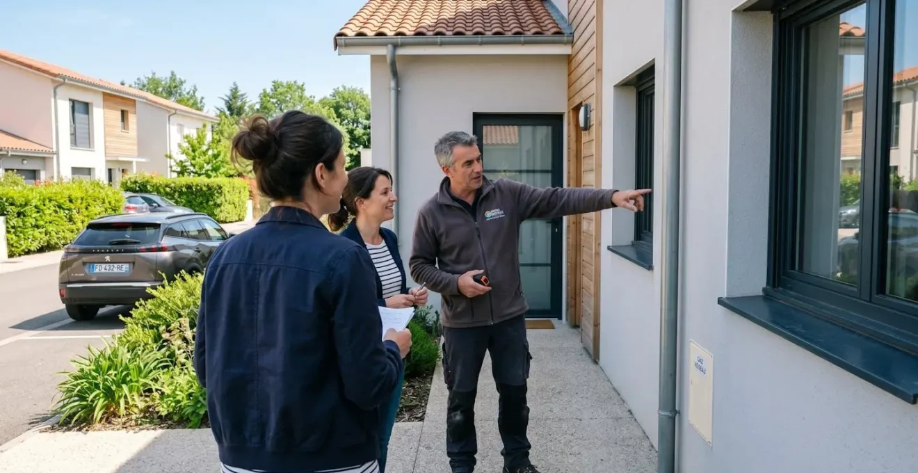Un artisan menuisier et un propriétaire examinent ensemble les contraintes architecturales d'une façade de maison lors d'une visite conseil