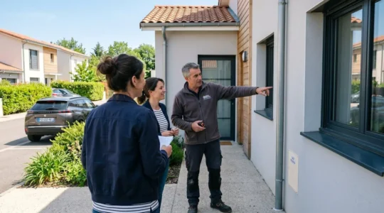 Un artisan menuisier et un propriétaire examinent ensemble les contraintes architecturales d'une façade de maison lors d'une visite conseil