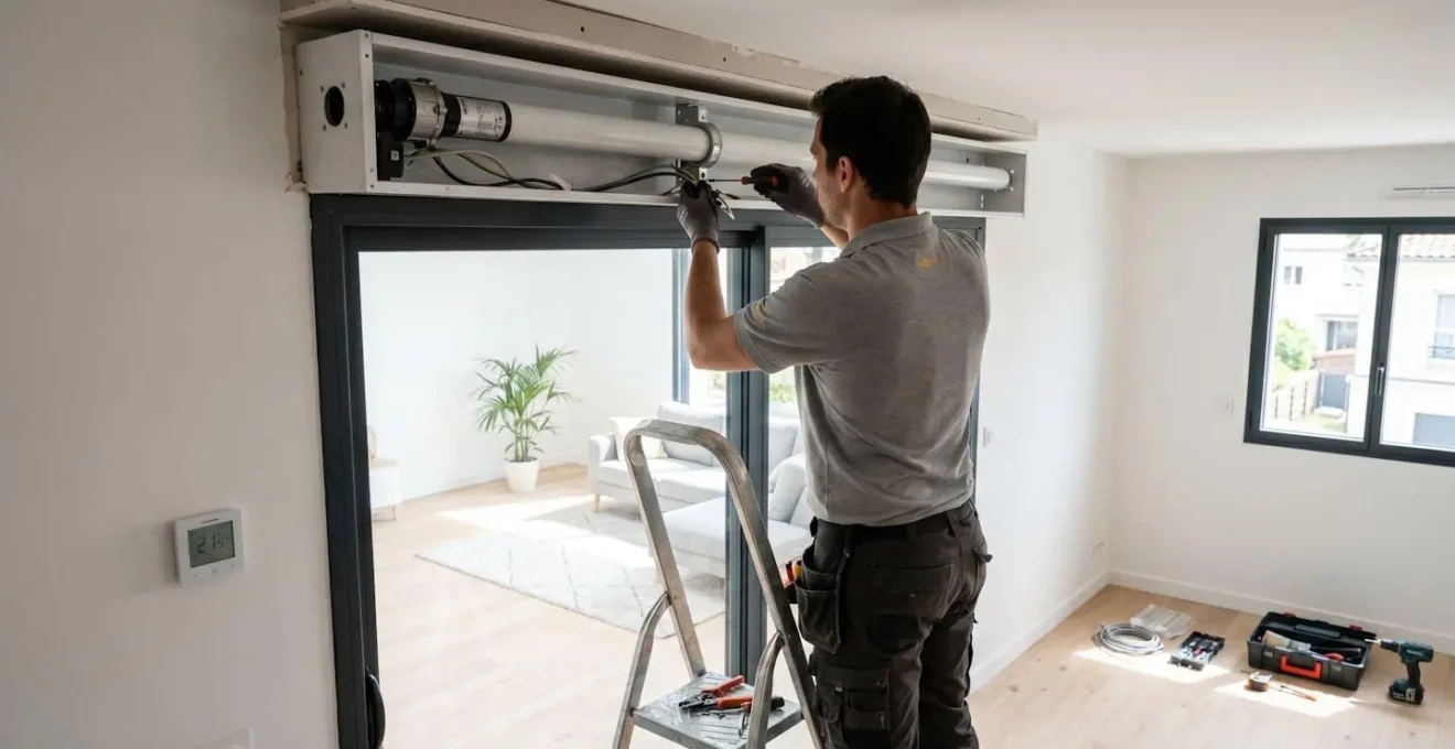 Un artisan menuisier de dos ajuste avec précision le mécanisme d'un volet roulant motorisé dans un environnement de chantier propre et moderne