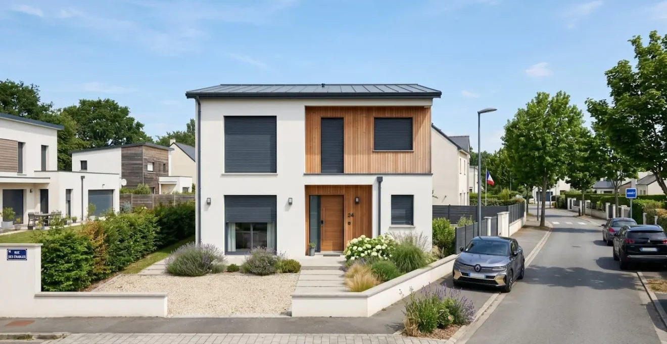Façade de maison contemporaine avec volets roulants fermés montrant leur intégration architecturale dans un environnement résidentiel français
