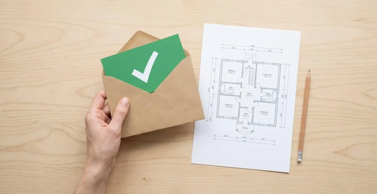 Main tenant une enveloppe avec un chèque vert, symbole de la subvention pour rénovation énergétique, à côté d'un plan de maison.