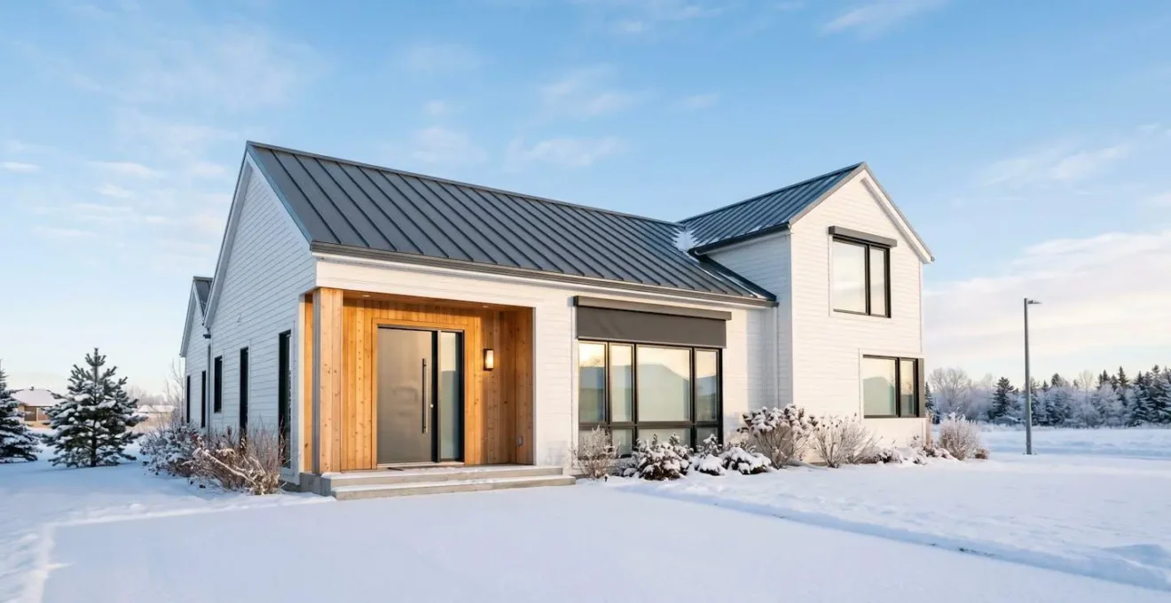 Maison de banlieue avec fenêtres à triple vitrage, porte en acier et volets roulants, sous la neige et un ciel d'hiver.