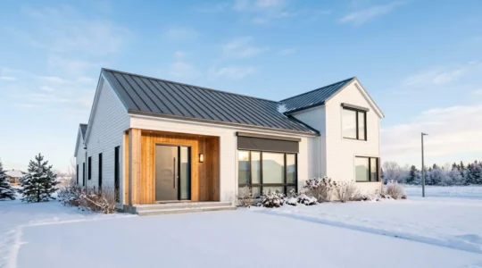 Maison de banlieue avec fenêtres à triple vitrage, porte en acier et volets roulants, sous la neige et un ciel d'hiver.