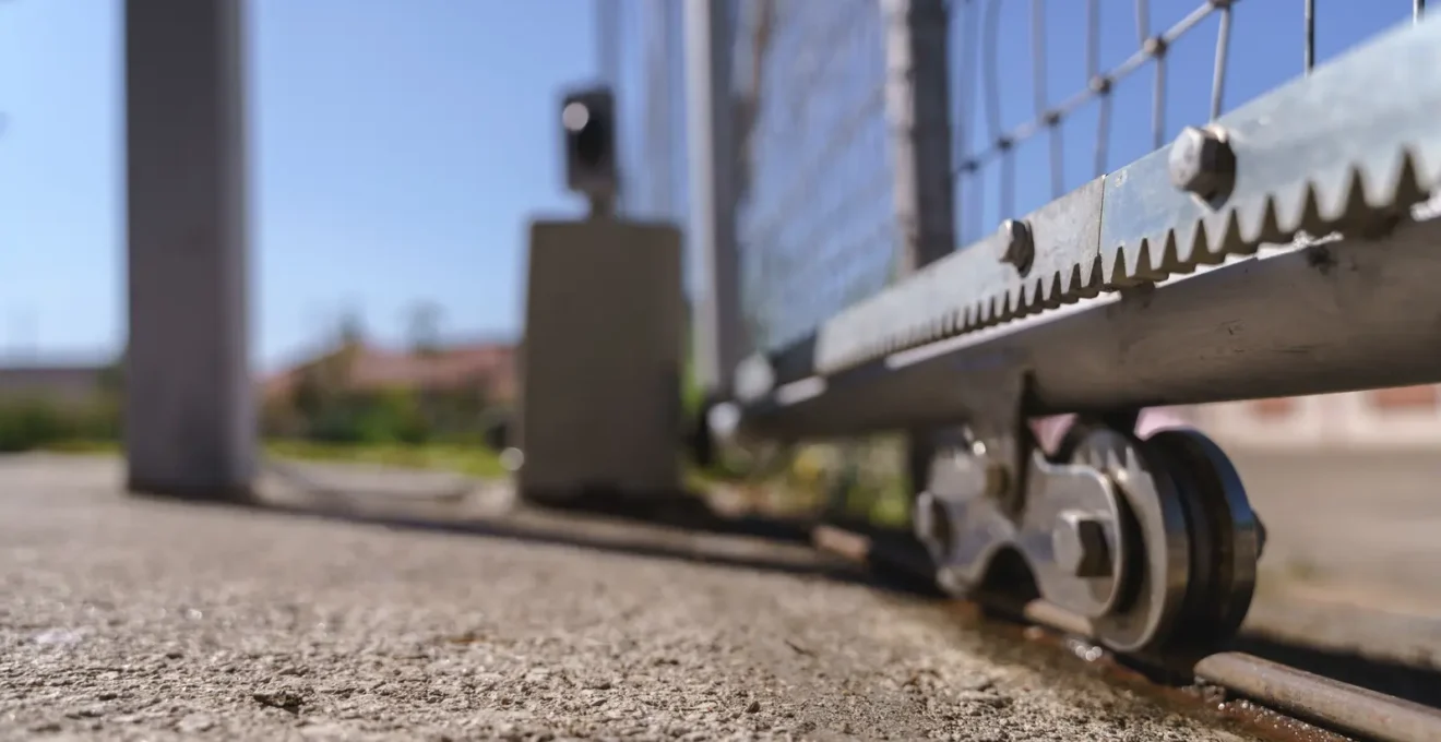 Gros plan du chariot à galets d'un portail autoportant, montrant les roues en contact direct avec le rail supérieur