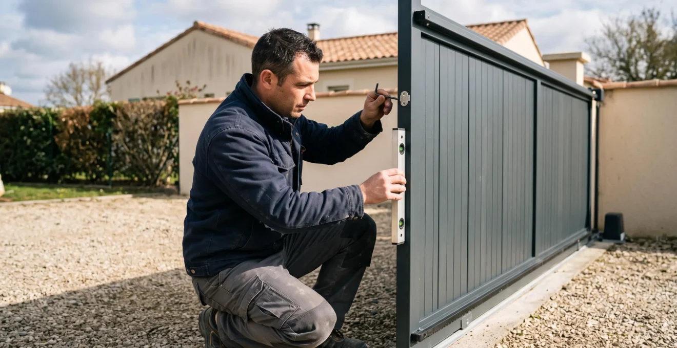 Installateur professionnel effectuant les réglages finaux d'alignement sur un portail autoportant nouvellement installé dans une propriété résidentielle