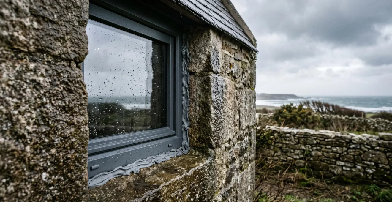 Une fenêtre fraîchement posée sur une maison en pierre sous un ciel venteux.