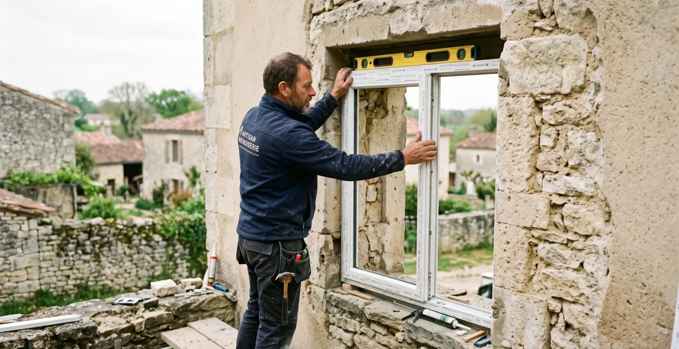 Un installateur positionne une nouvelle fenêtre dans l'ouverture en pierre d'une maison.